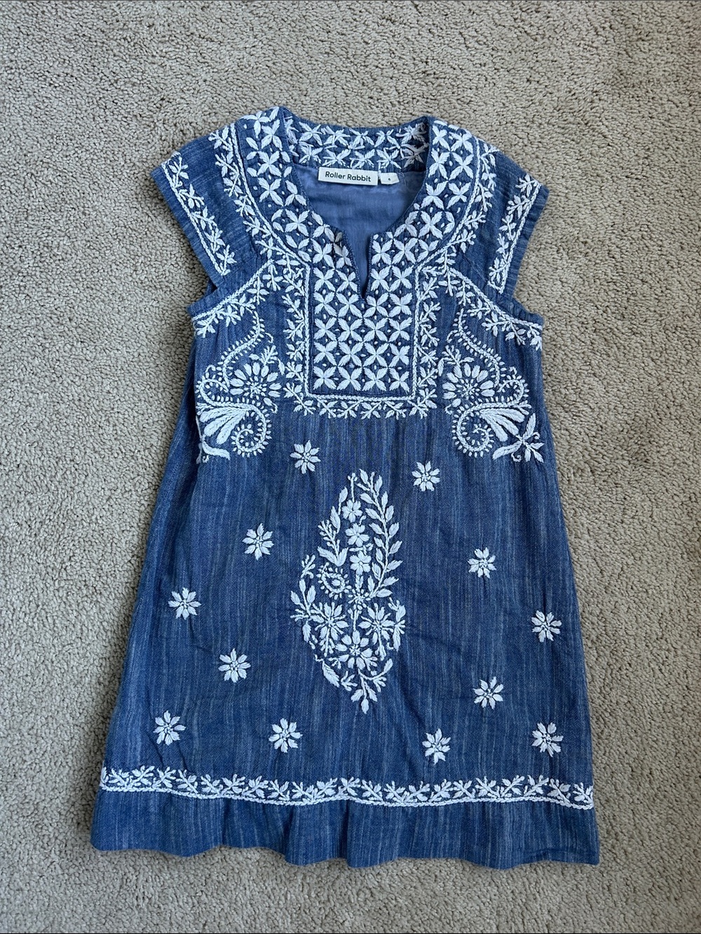 Roller Rabbit Blue denim dress with white embroidery, EUC, 6